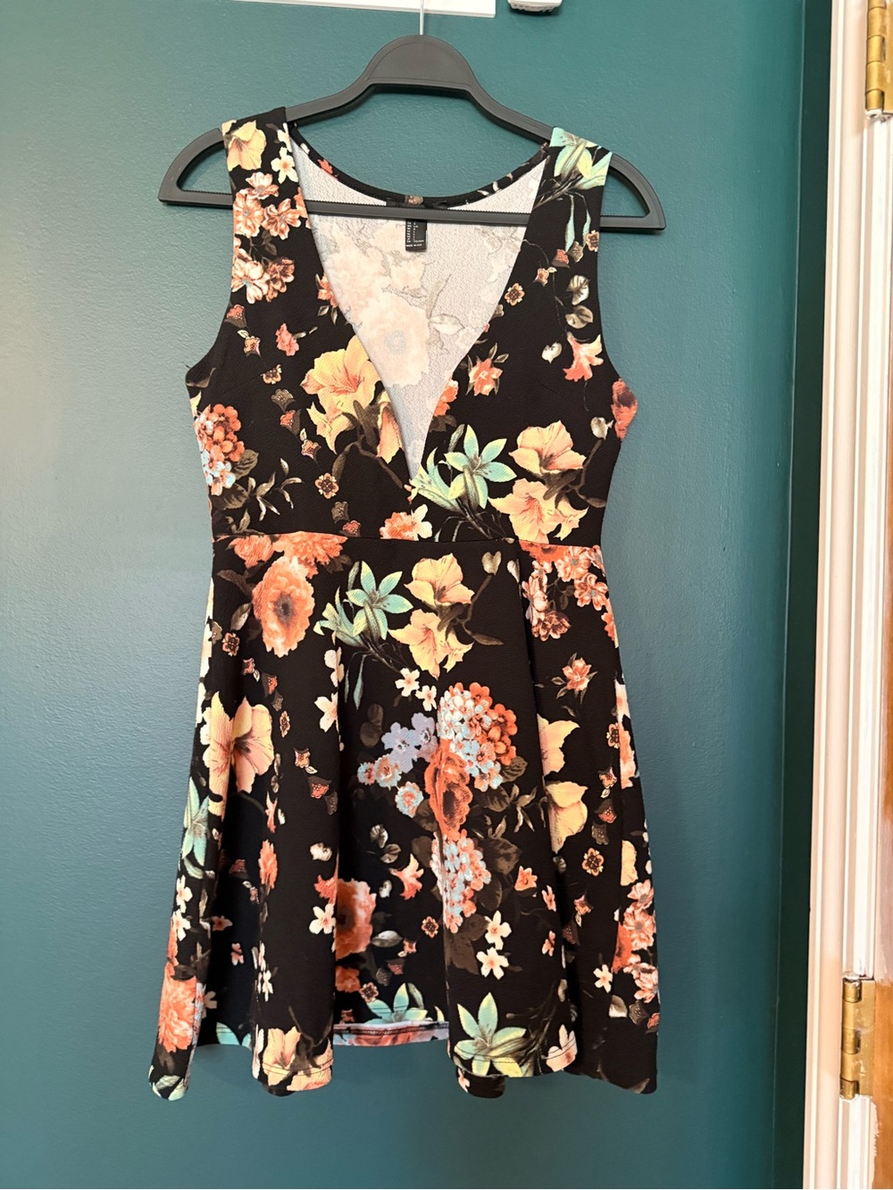 Forever 21 Black Floral V-Neck Tank Dress with Coral & Mint Accents